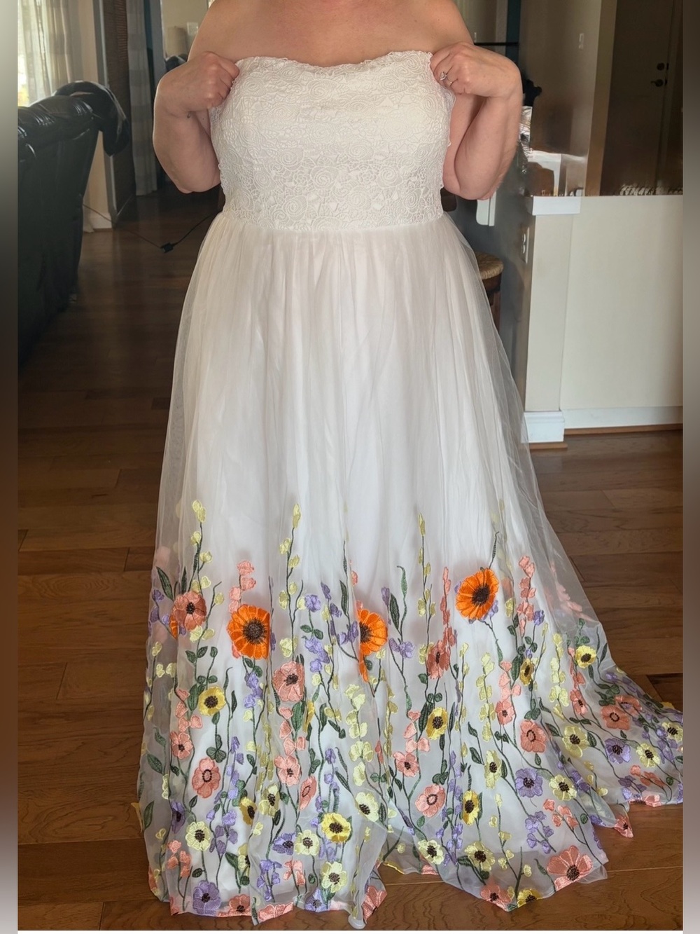 Strapless White Tulle Gown with Colorful Floral Embroidery